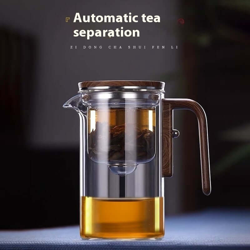 Shopi Vella wood handle tea separation pot with automatic tea separation feature and transparent glass body