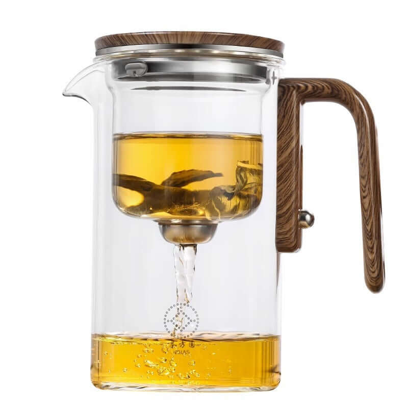 Shopi Vella wood handle tea separation pot with clear glass body and wooden lid for kitchen storage