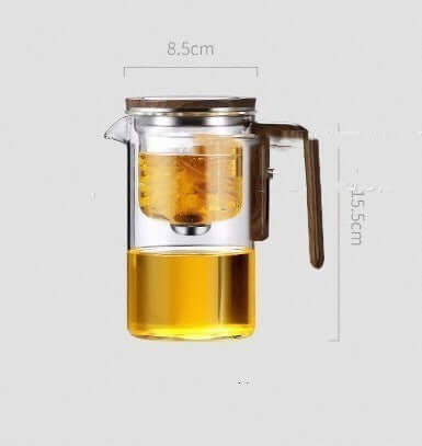Shopi Vella wood handle tea separation pot with glass body for kitchen storage and tea brewing