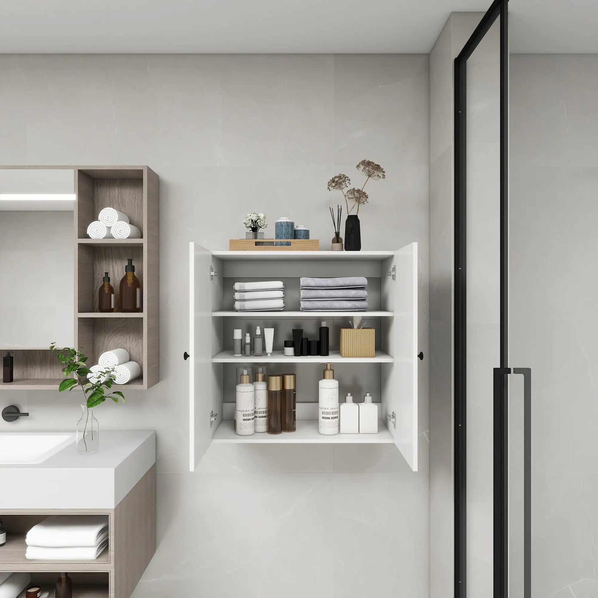 Modern bathroom with wooden bathroom wall shelves holding towels and toiletries over the sink