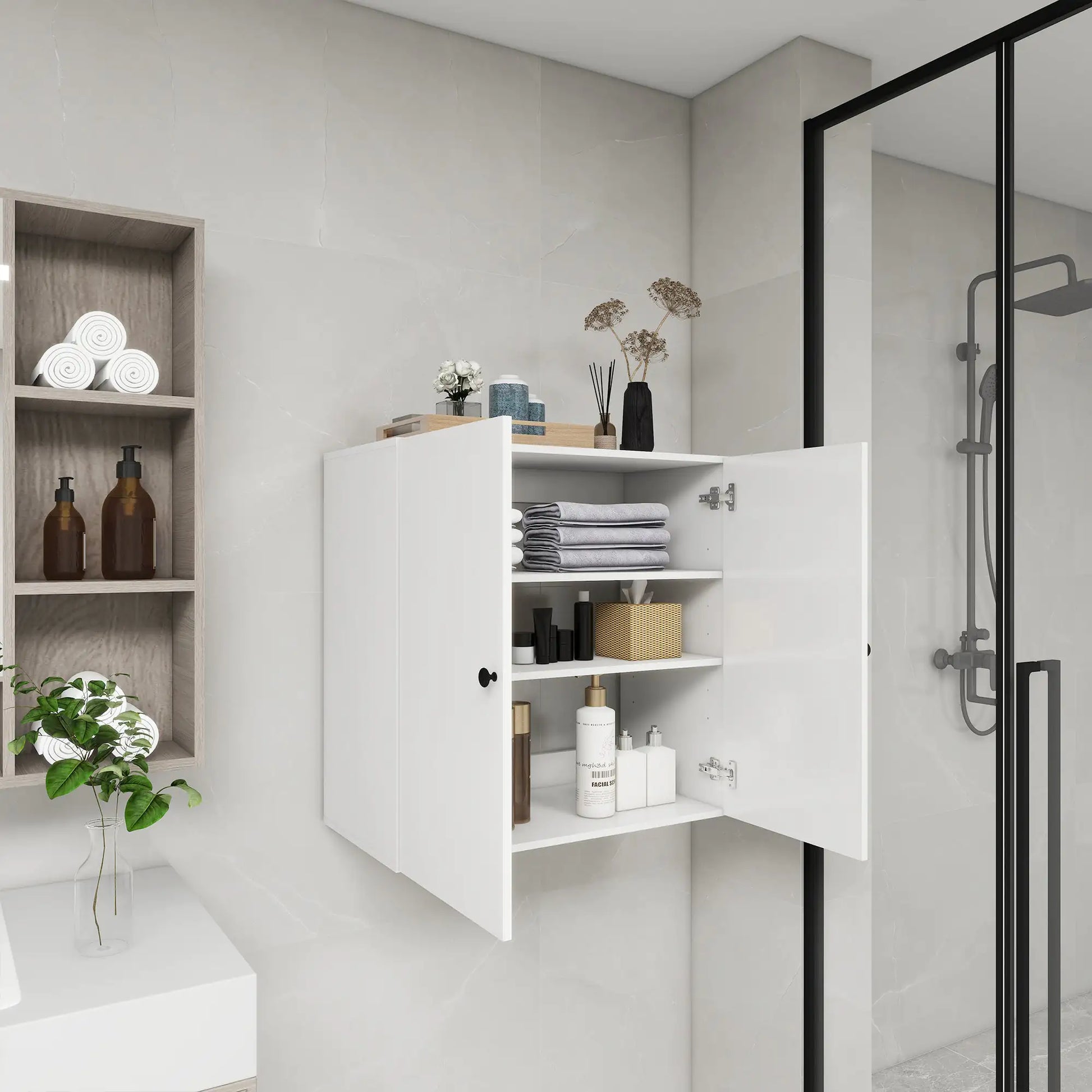 Modern bathroom featuring wooden bathroom wall shelves with storage for towels and toiletries