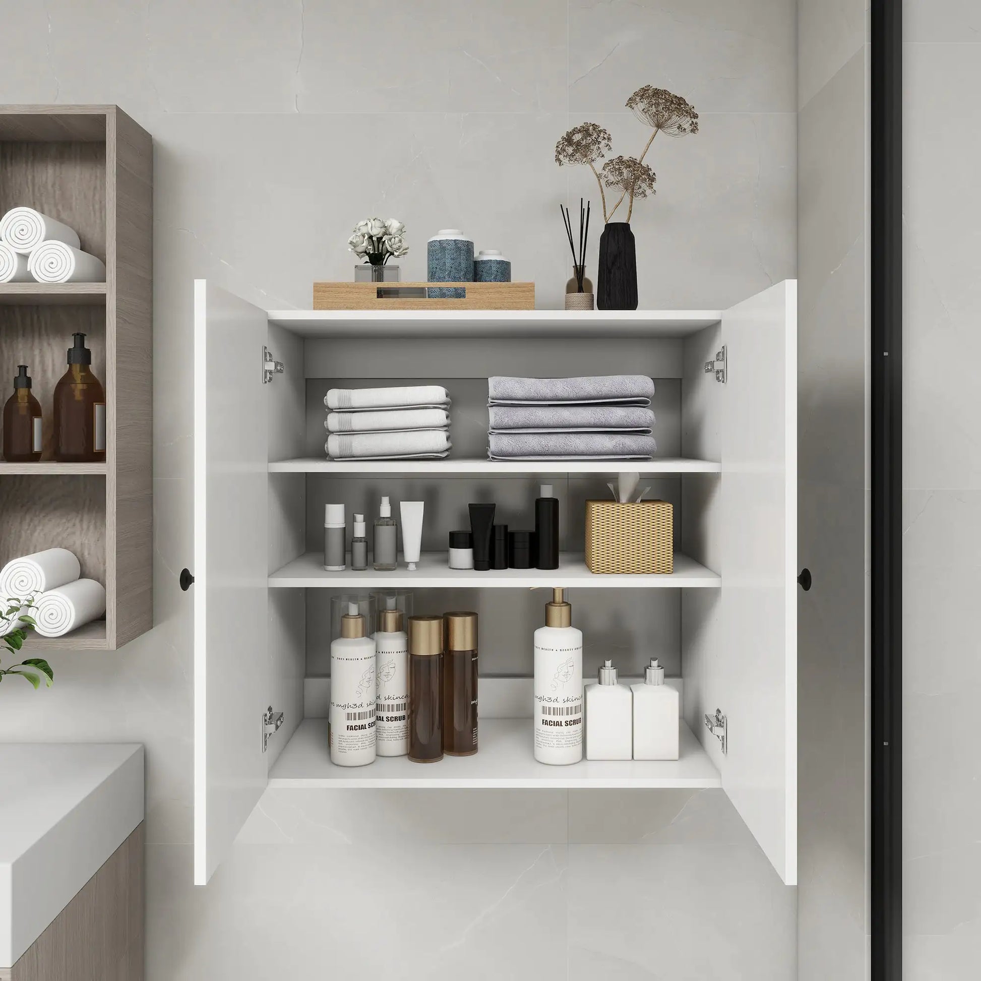 White bathroom cabinet with open doors showing neatly organized towels and toiletries wooden bathroom wall shelves nearby