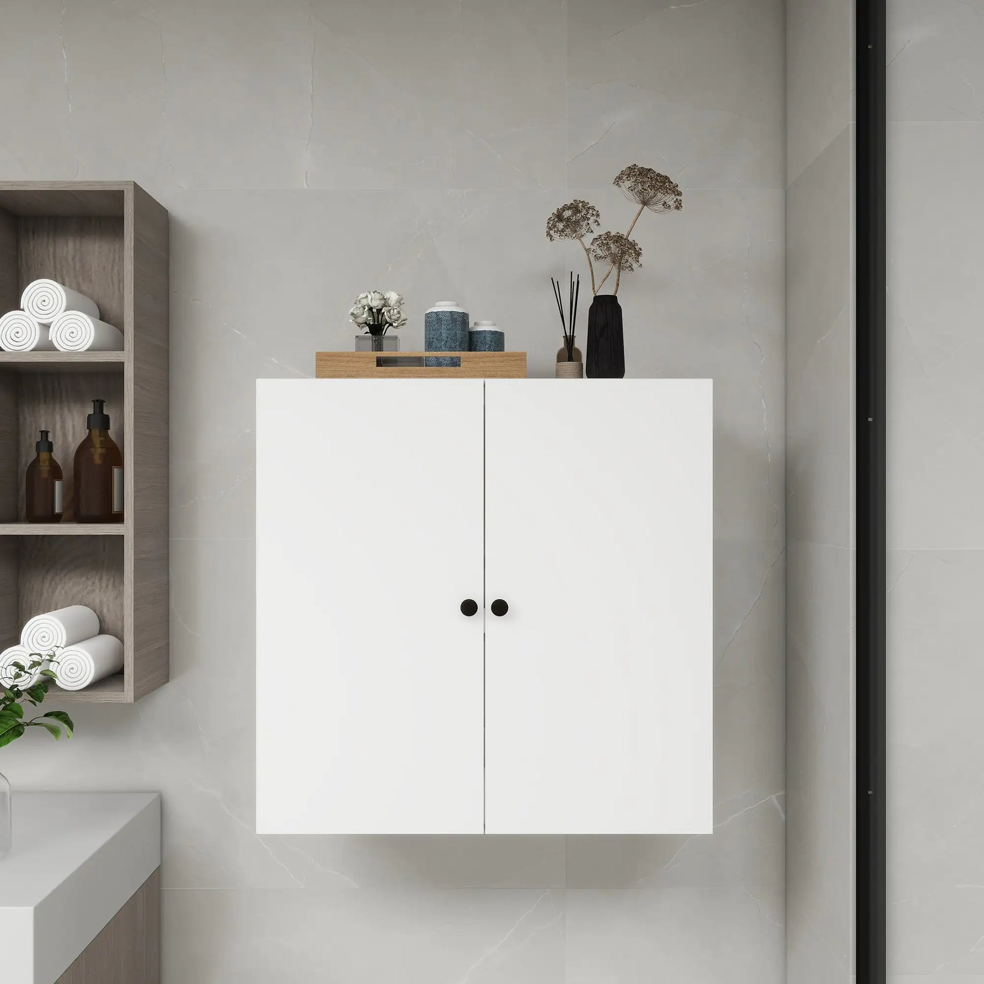 Minimalist wooden bathroom wall shelves with rolled towels and decor items in modern bathroom