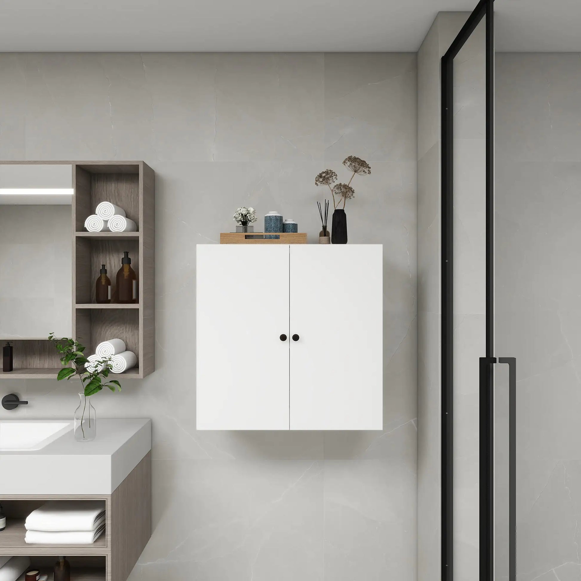 Modern bathroom with wooden bathroom wall shelves holding towels and bottles next to white cabinet