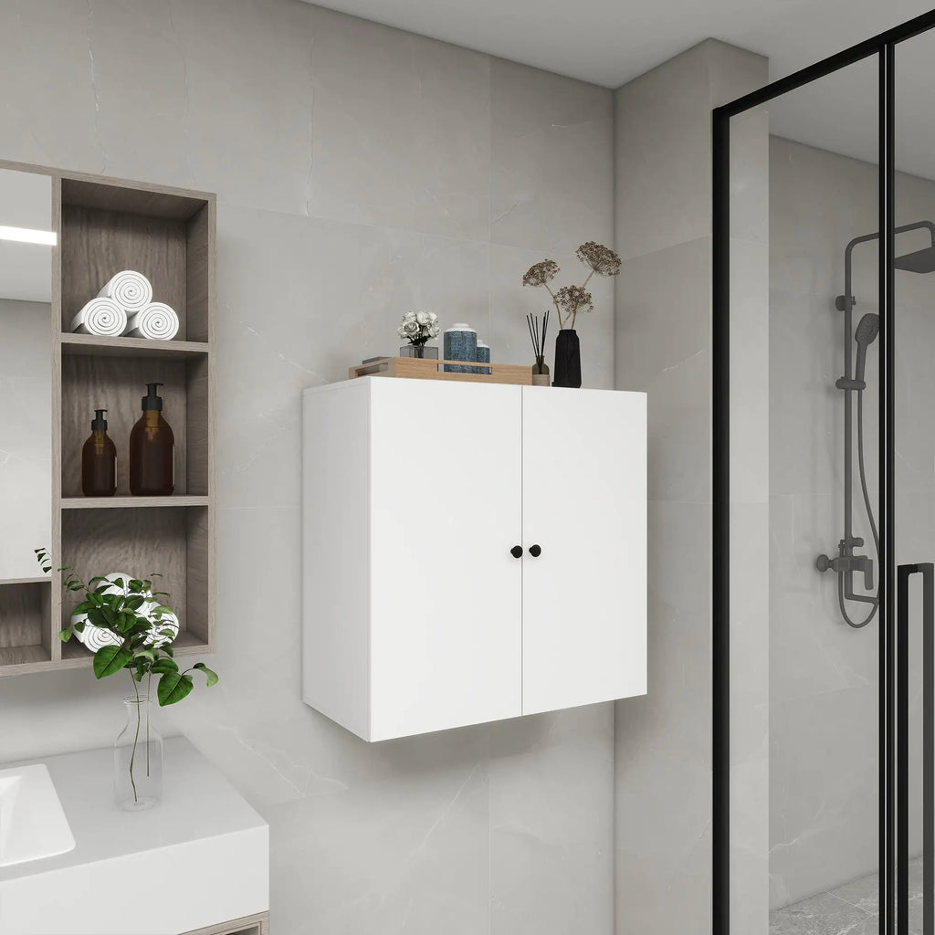 Modern bathroom featuring wooden bathroom wall shelves with rolled towels and decorative items
