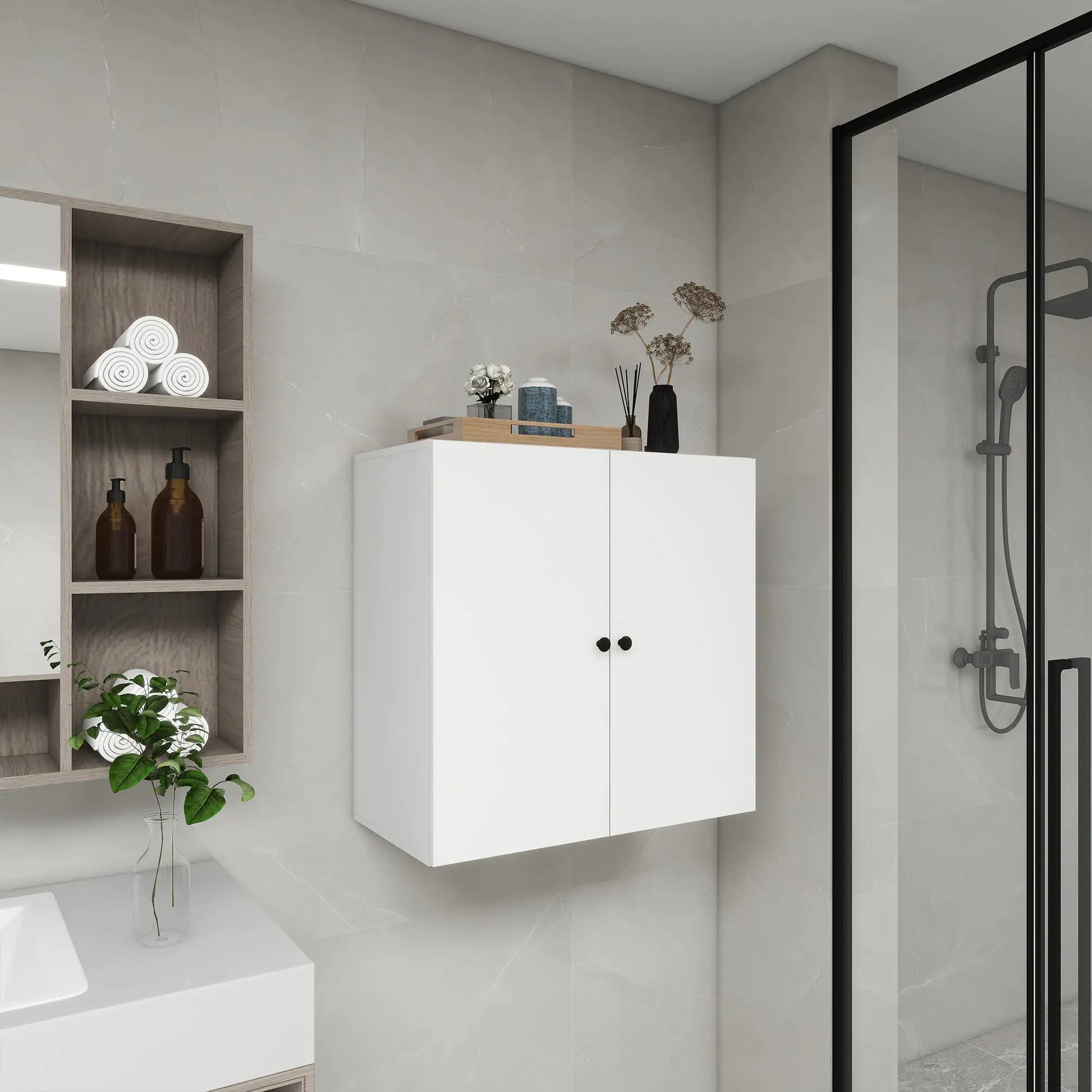 Modern bathroom featuring wooden bathroom wall shelves with rolled towels and decorative items