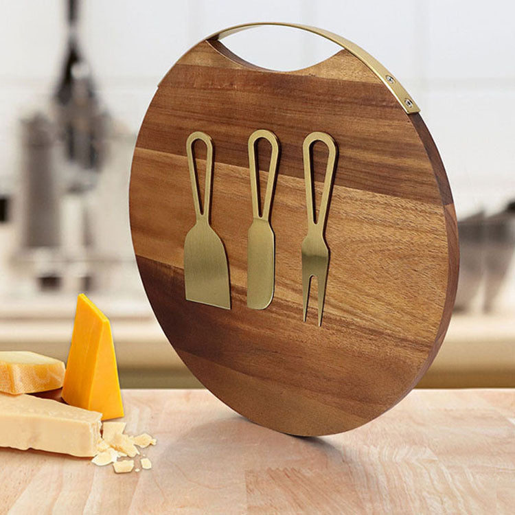 Shopi Vella round wooden cheese board and knife set with three gold cheese tools and leather handle