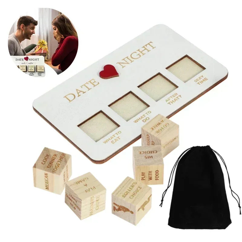 Shopi Vella wooden date night dice game with engraved cubes and storage pouch for home storage