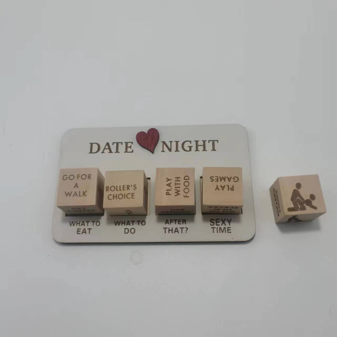 Shopi Vella wooden date night dice game with cubes featuring date ideas and activities for couples
