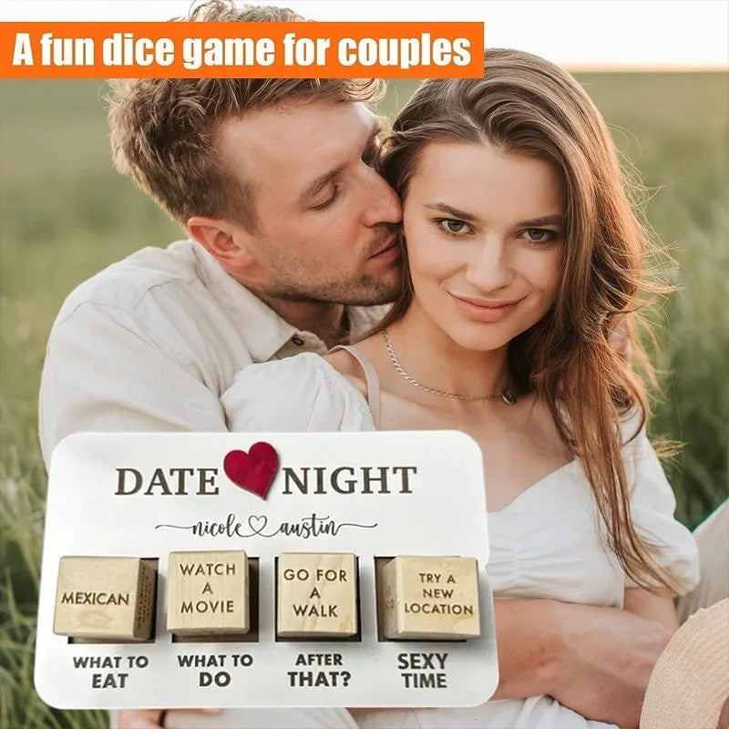 Wooden date night dice game by Shopi Vella featuring dice with fun date ideas for couples