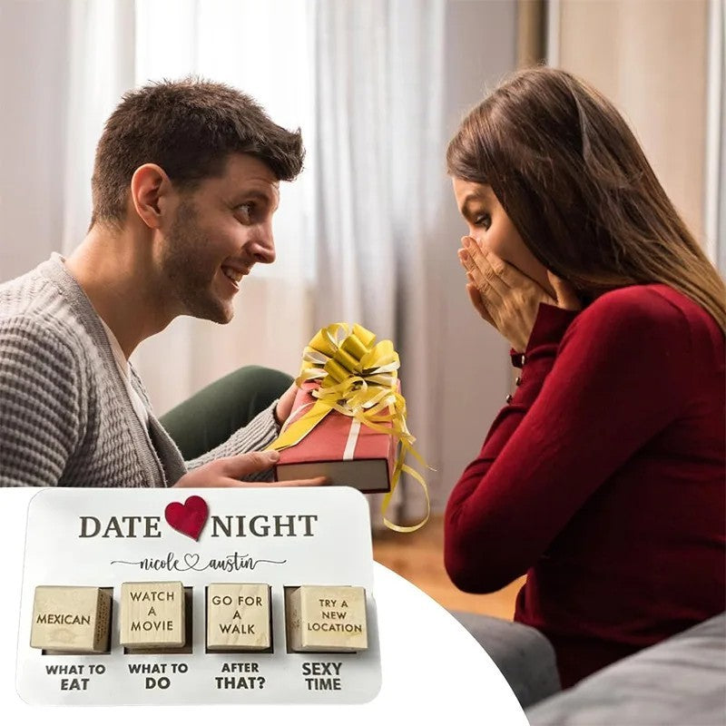 Wooden date night dice game from Shopi Vella with options for what to eat, do, after that, and sexy time