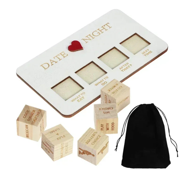Wooden date night dice game with engraved dice and black storage bag for home storage