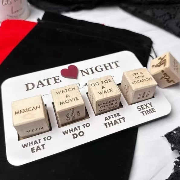 Wooden date night dice game with four dice showing date ideas and activities for couples