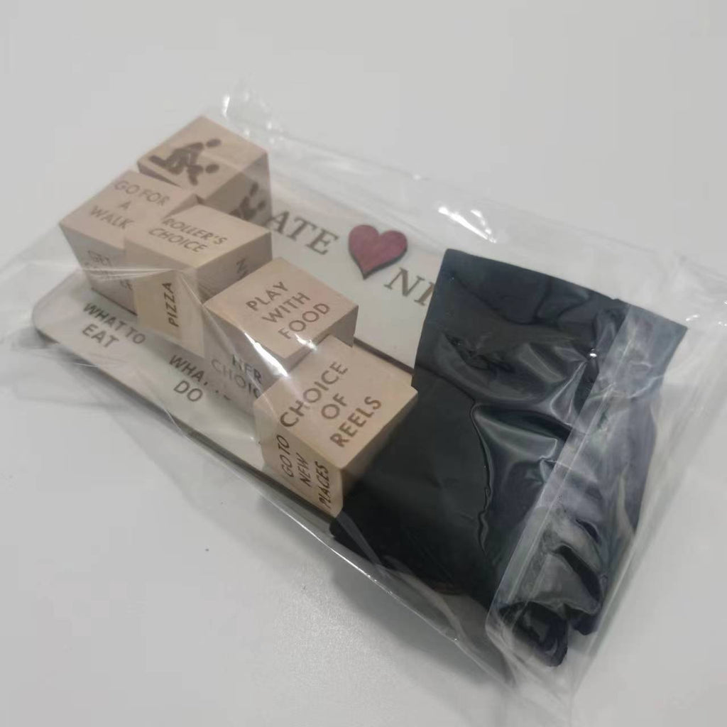 Shopi Vella wooden date night dice game with engraved wooden blocks and storage pouch