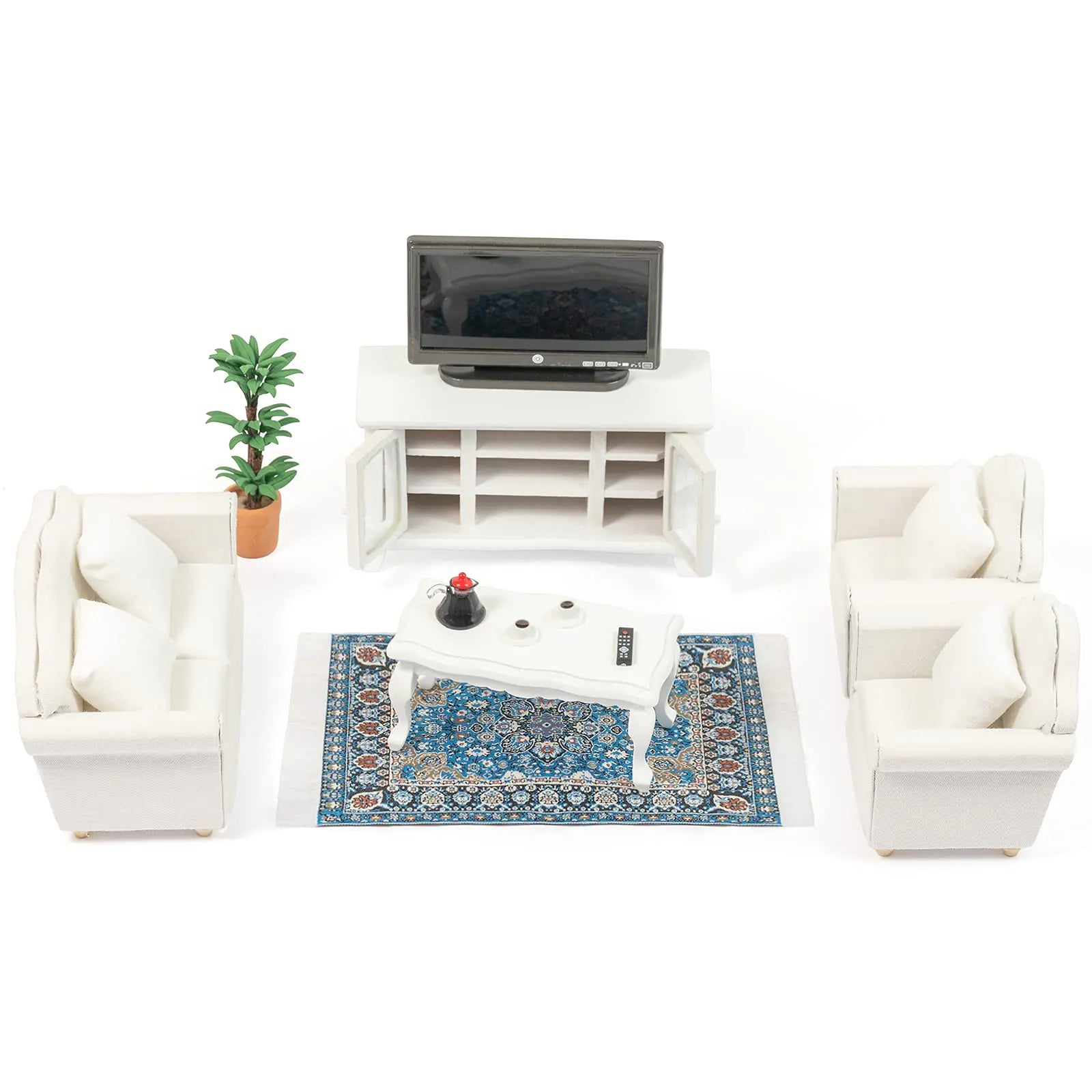 Wooden dollhouse furniture accessories including white sofas, TV cabinet, coffee table, and blue patterned rug