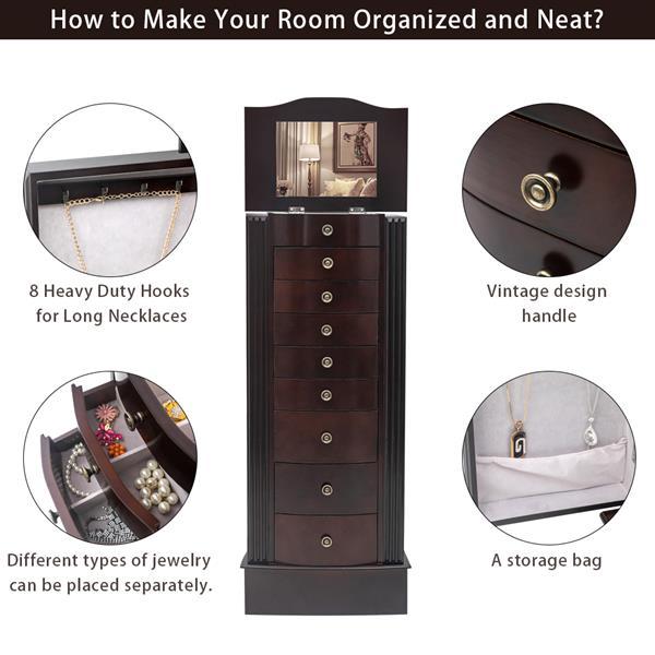Shopi Vella wooden jewelry mirror cabinet with multiple drawers, vintage handles, hooks, and storage bag for organizing jewelry
