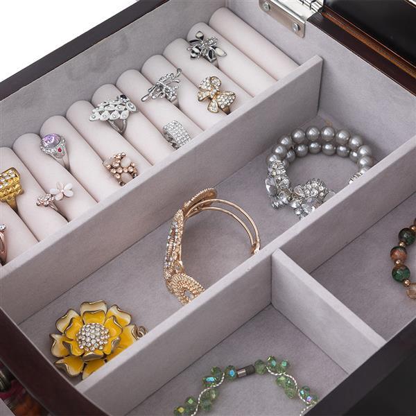 Shopi Vella wooden jewelry mirror cabinet with soft gray velvet compartments organizing rings, bracelets, and necklaces