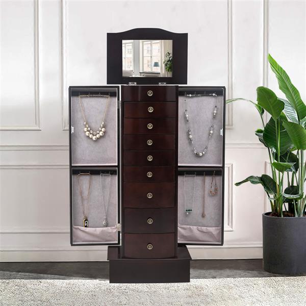 Shopi Vella wooden jewelry mirror cabinet with multiple drawers and side compartments for necklace storage