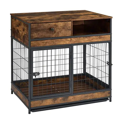 Rustic wood and metal pet crate end table for large dogs with drawer and storage shelf