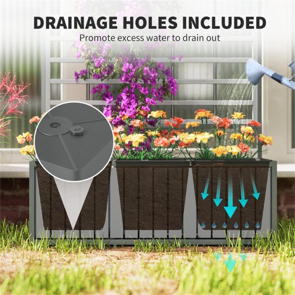 Wooden raised garden bed with trellis featuring drainage holes to promote excess water drainage