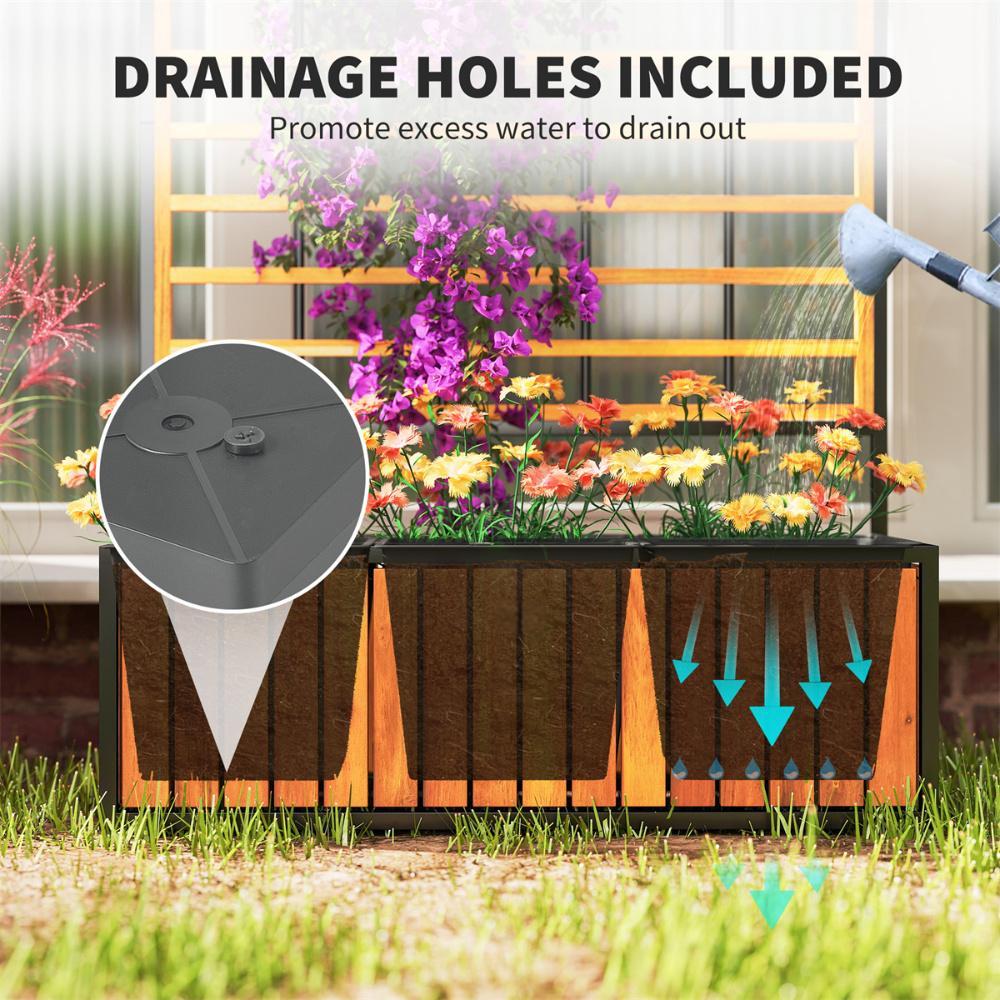 Shopi Vella wooden raised garden bed with trellis featuring drainage holes for excess water