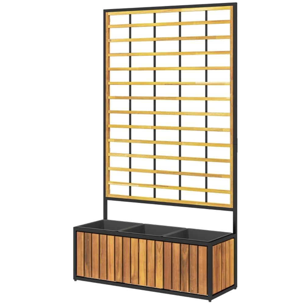 Shopi Vella wooden raised garden bed with trellis featuring metal frame and wooden panels for plant support