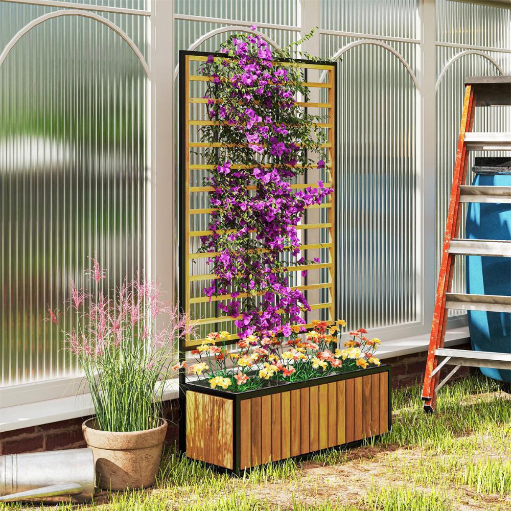 Shopi Vella wooden raised garden bed with trellis featuring purple vines and colorful flowers in a backyard setting