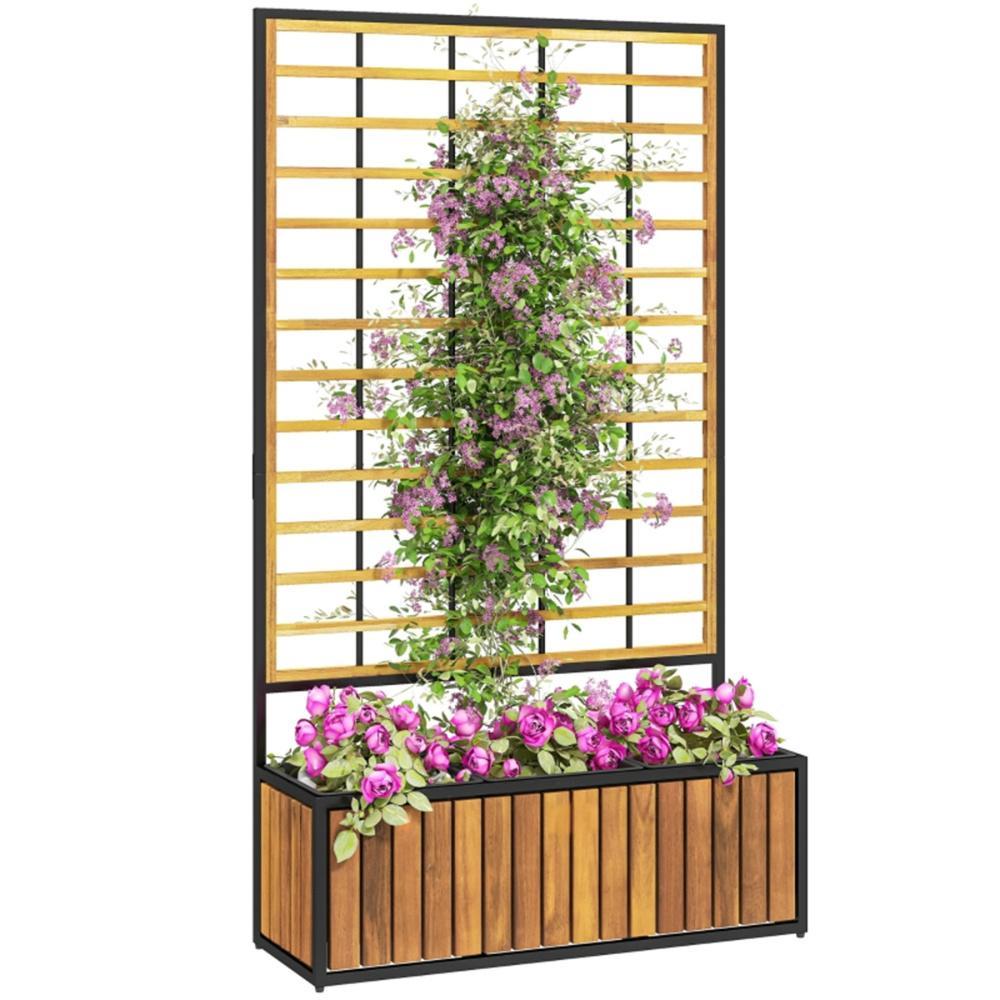 Shopi Vella wooden raised garden bed with trellis featuring vertical climbing plants and pink flowers