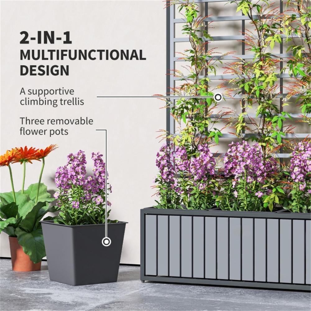Wooden raised garden bed with trellis featuring supportive climbing trellis and removable flower pots