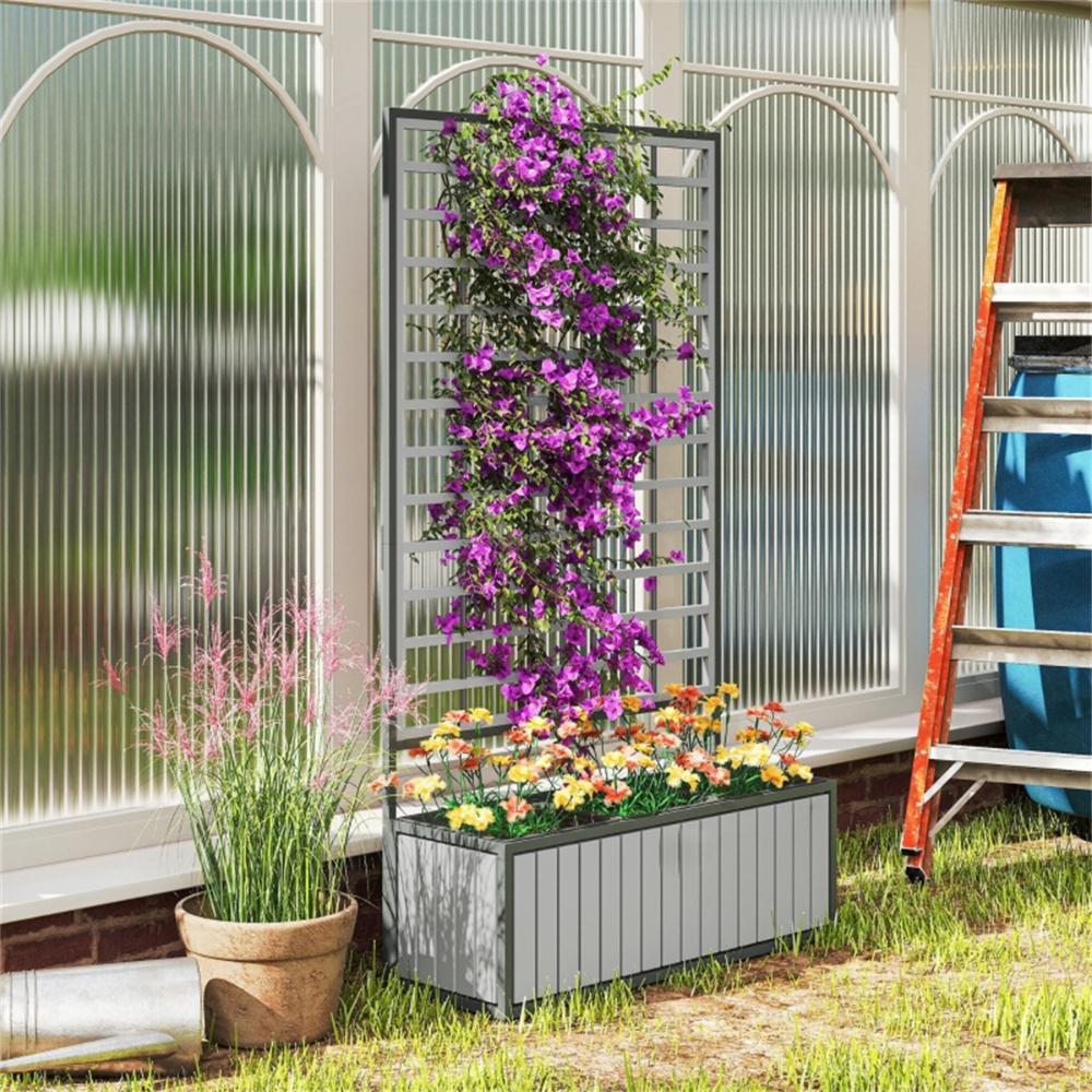 Shopi Vella wooden raised garden bed with trellis featuring purple climbing flowers and colorful blooms in storage box