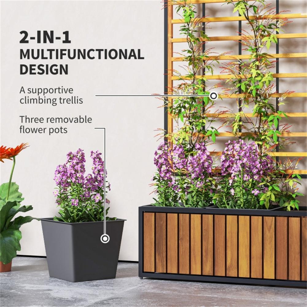 Shopi Vella wooden raised garden bed with trellis supporting climbing plants and removable flower pots