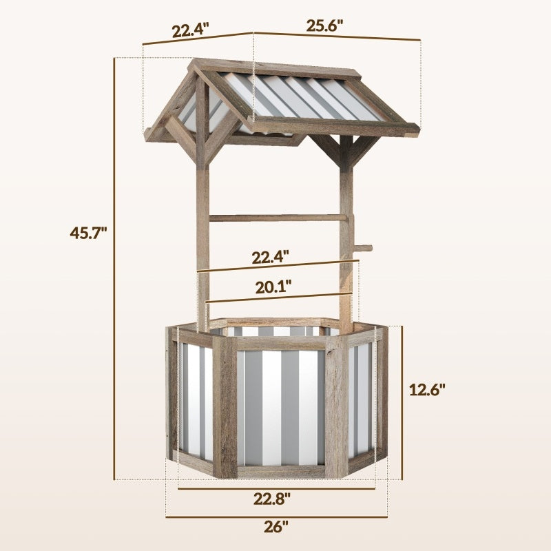 Shopi Vella wooden wishing well planter with roof and detailed dimensions for garden storage