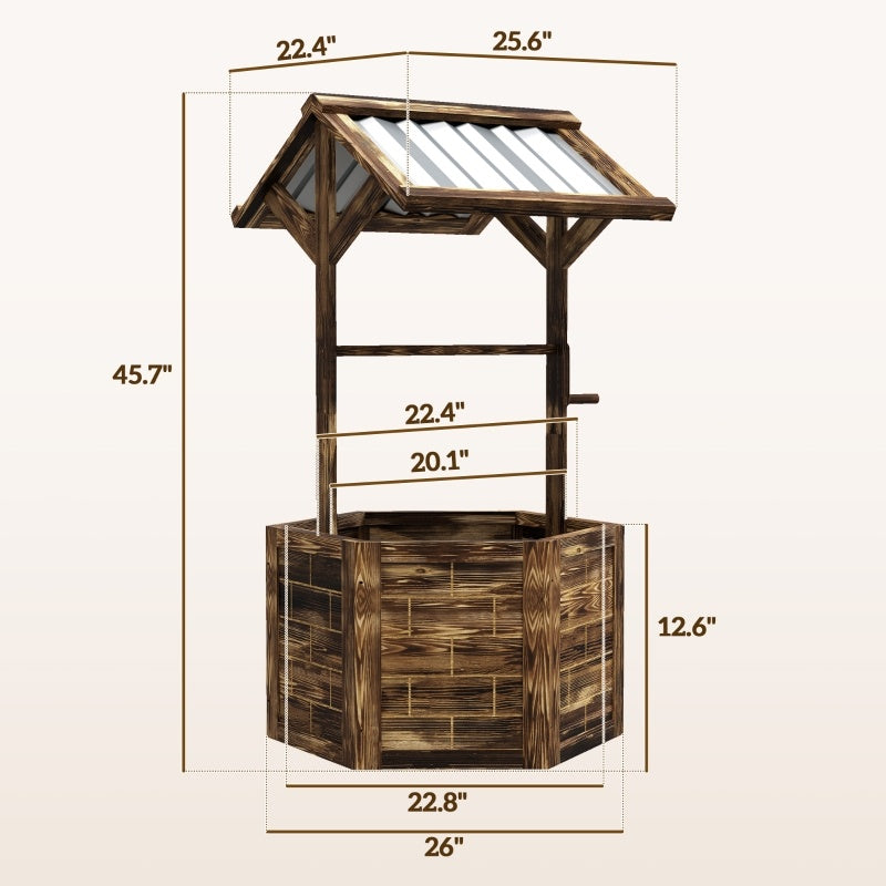 Shopi Vella wooden wishing well planter with detailed dimensions and rustic wood finish