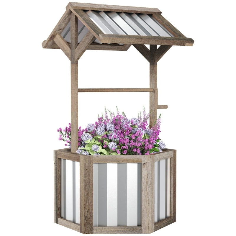 Shopi Vella wooden wishing well planter with brown frame and purple flowers in striped storage box