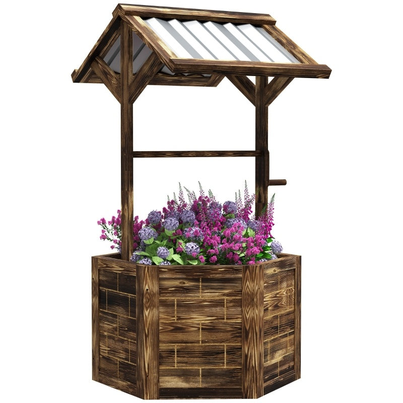 Shopi Vella wooden wishing well planter with brown wood finish filled with purple and pink flowers