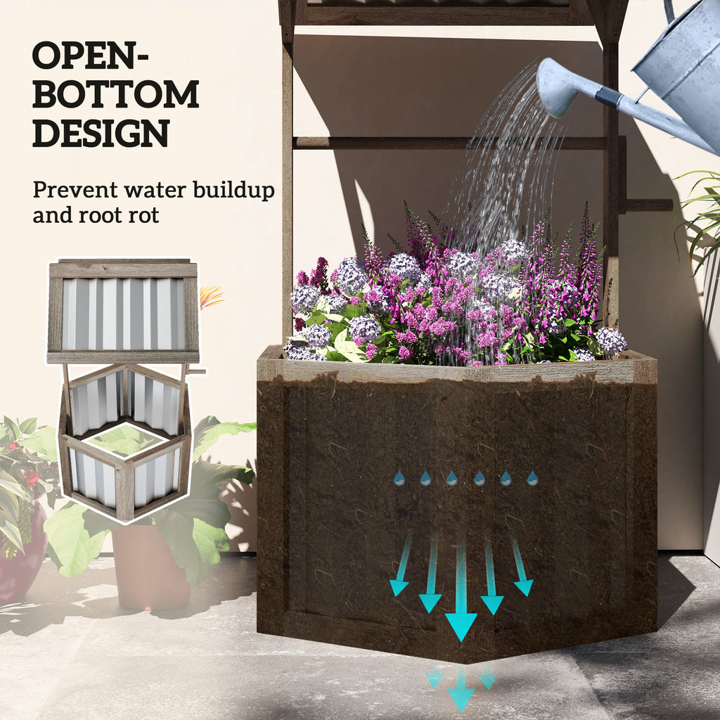 Shopi Vella wooden wishing well planter with open bottom design preventing water buildup and root rot