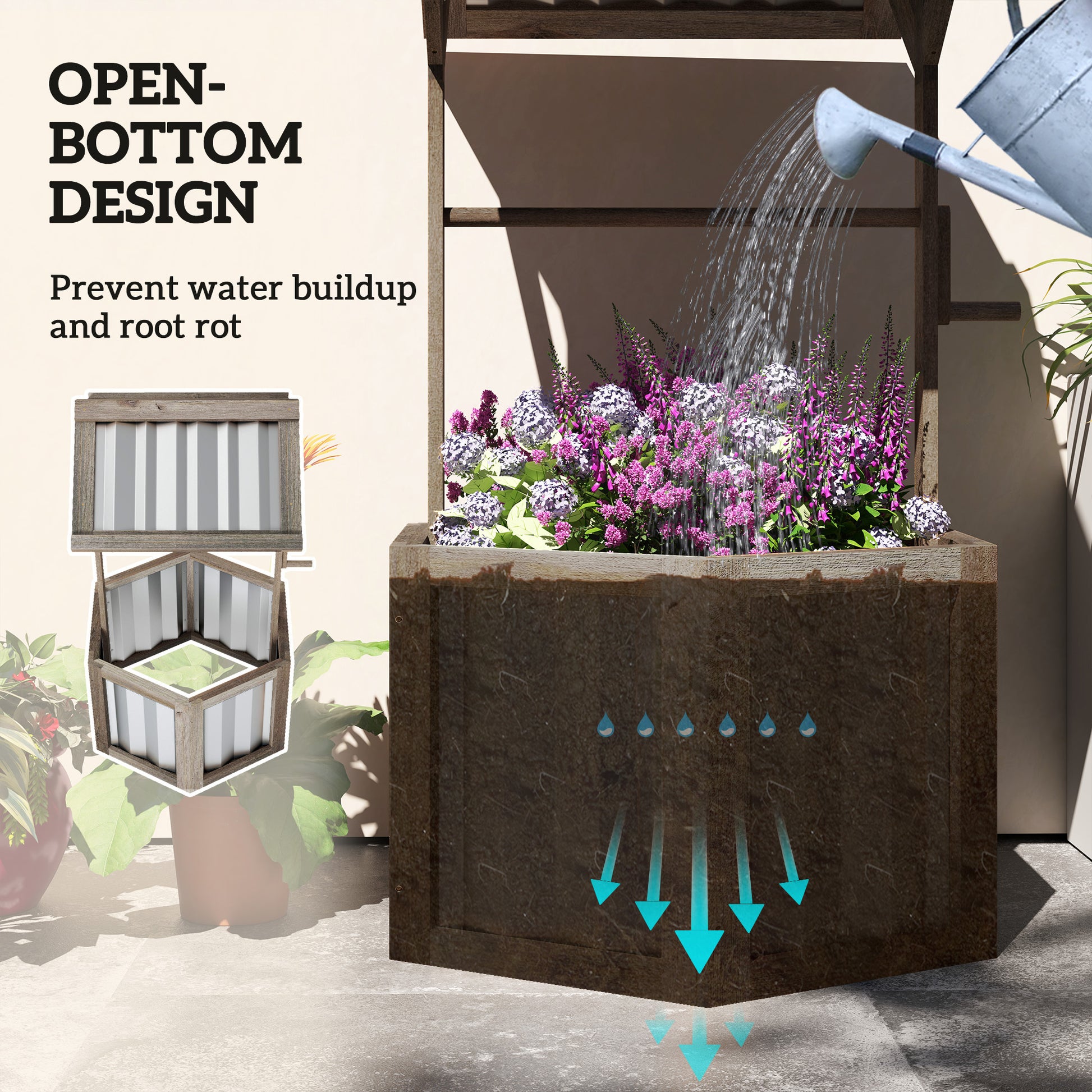Shopi Vella wooden wishing well planter with open bottom design preventing water buildup and root rot