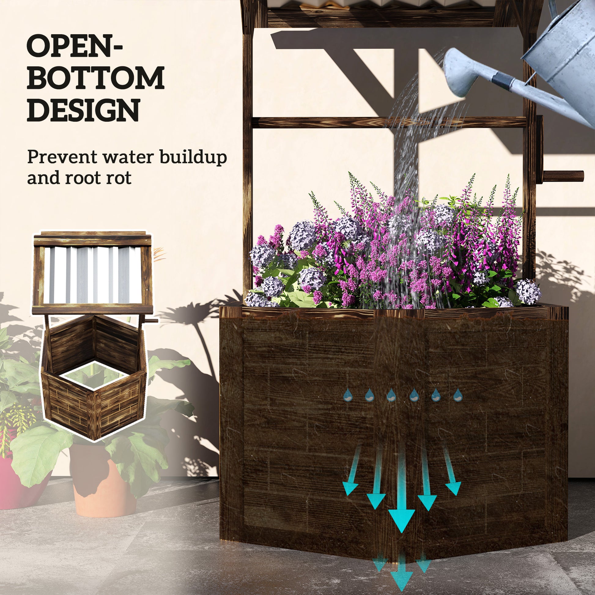 Shopi Vella wooden wishing well planter with open bottom design to prevent water buildup and root rot