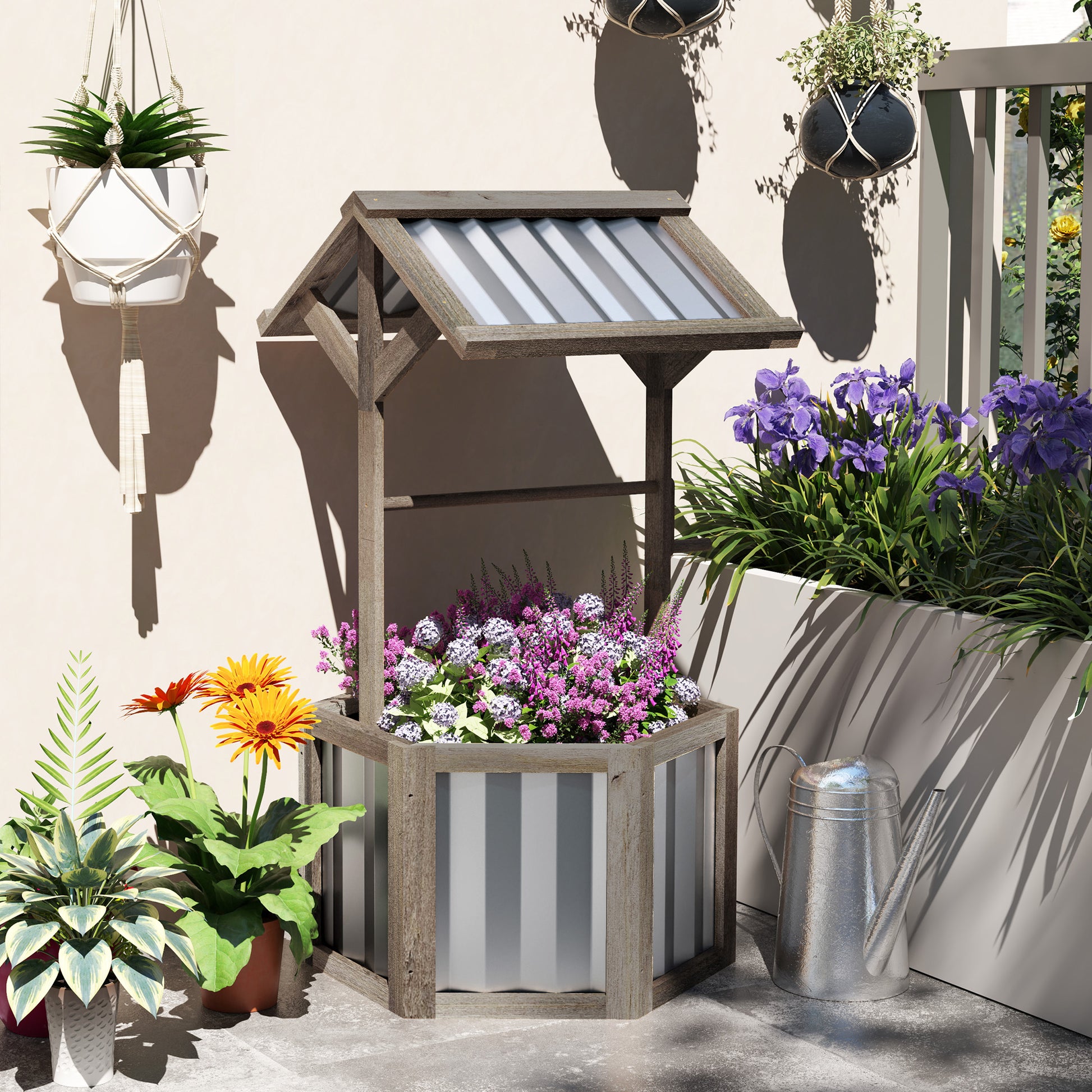 Shopi Vella wooden wishing well planter with purple and white flowers in a sunny outdoor garden setting