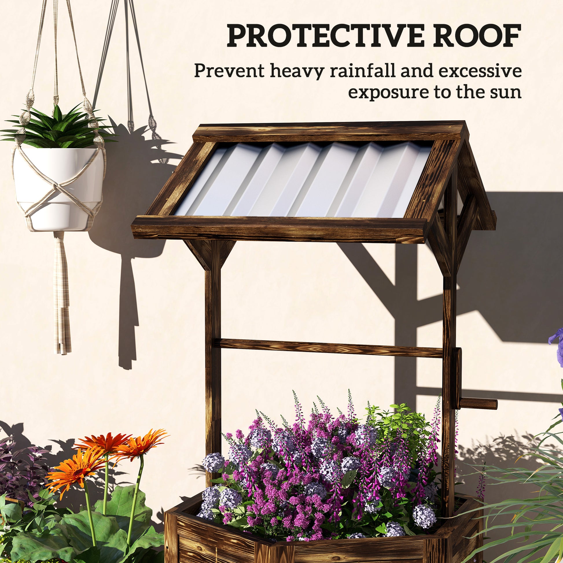 Shopi Vella wooden wishing well planter with protective roof to shield plants from rain and sun