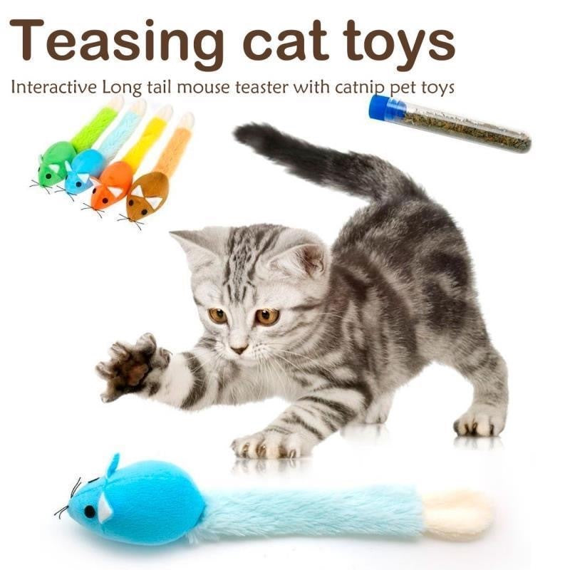 Interactive mouse cat toy with long tail and catnip shown with gray tabby kitten playing