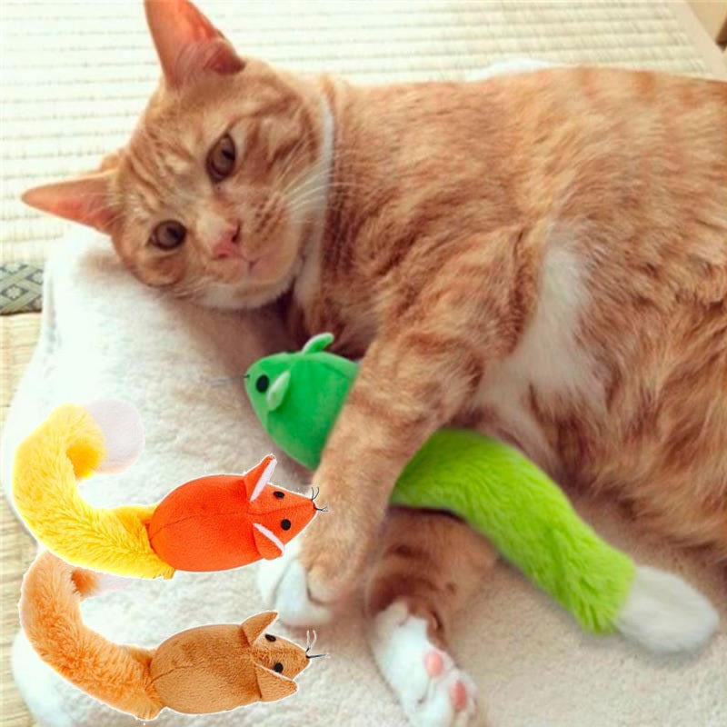 Orange tabby cat playing with Shopi Vella interactive mouse cat toy in green and orange colors