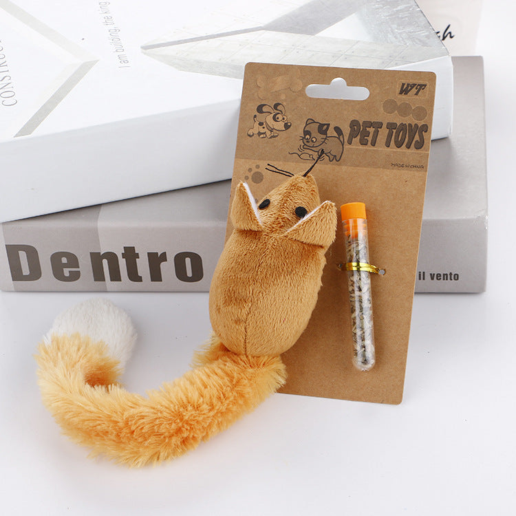 Shopi Vella interactive mouse cat toy with plush body and long fluffy tail on packaging