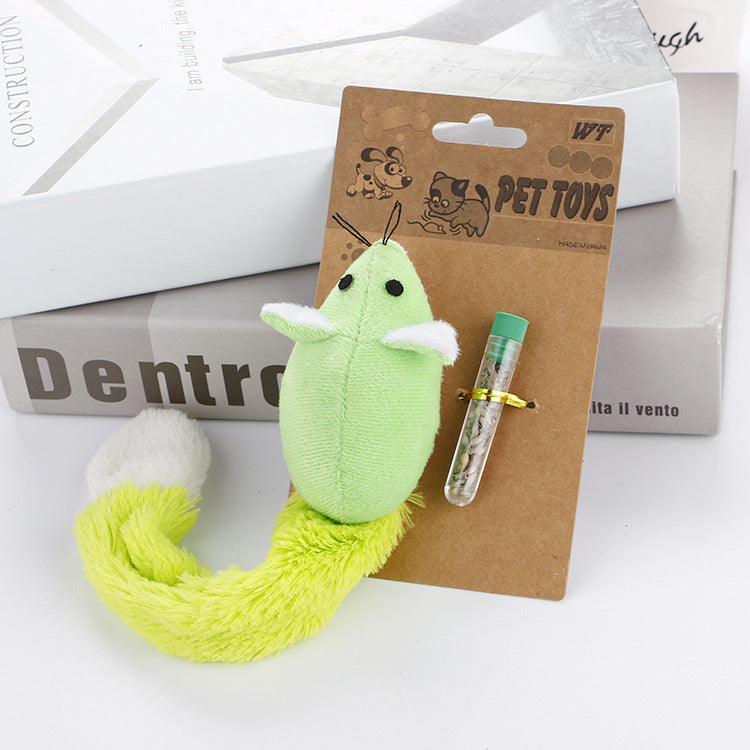 Shopi Vella interactive mouse cat toy in green with fluffy tail and attached small tube on brown card