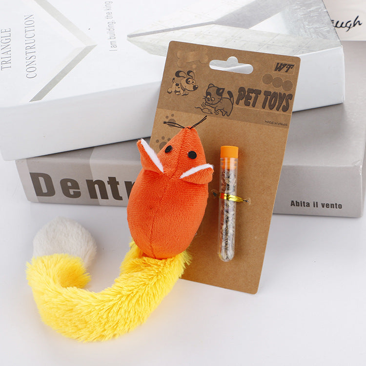 Shopi Vella interactive mouse cat toy with orange and yellow plush design and attached catnip tube