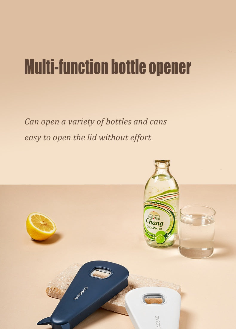 Shopi Vella rust proof jar and can opener in blue and white for easy bottle and can opening