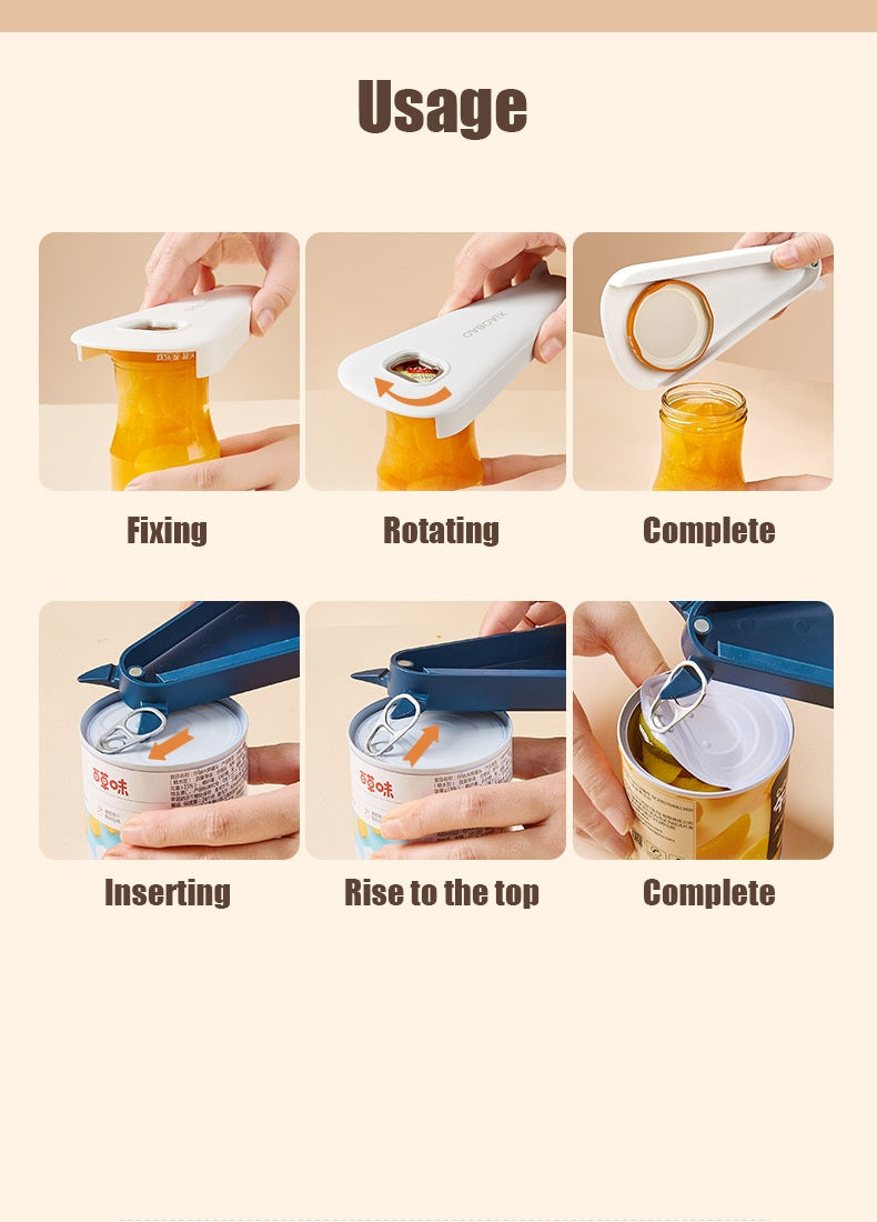 Shopi Vella rust proof jar and can opener demonstrating steps to open jars and cans for kitchen storage use
