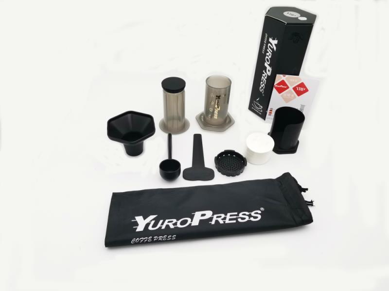 Shopi Vella YuroPress French press coffee maker components and carrying pouch for kitchen storage