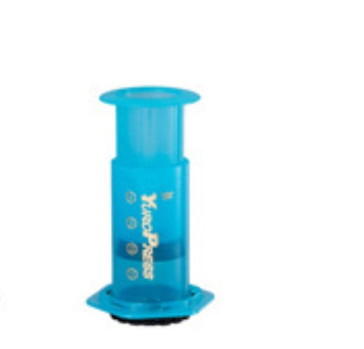 Shopi Vella blue plastic French press coffee maker for easy brewing and kitchen storage