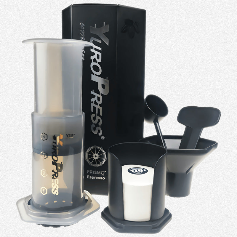 Shopi Vella French press coffee maker set with black and clear components for kitchen storage